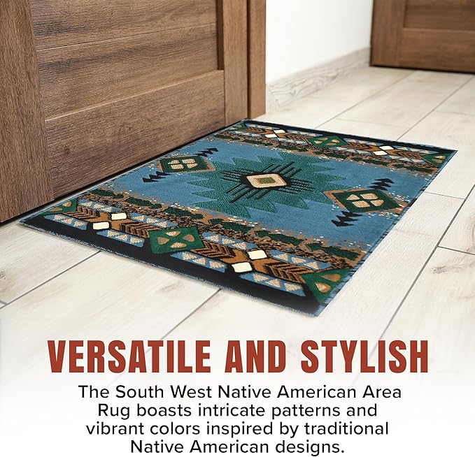 YHSF South West Native American Area Rug C318 - Easy Clean, Thick, Soft, Durable Native Tribal American Indian Inspired Rug for Bedroom/Living Room and More - Blue-Green, 5 Feet x 7 Feet