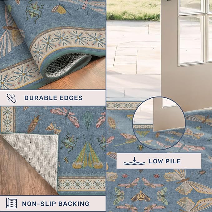 Blue Boho Rugs for Living Room - 10x14 Extra Large Area Rug for Dining Room, Bedroom, Playroom, Guest Room, Colorful Insect Low Pile Home Décor