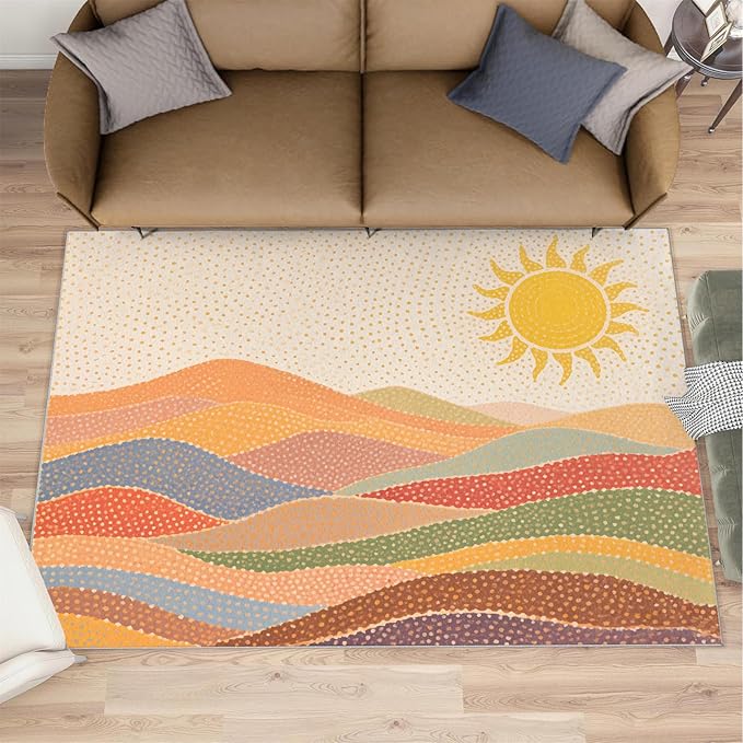 Boho Sun Area Rugs 6x9ft, Mosaic Sunburst Fluffie Rugs for Living Room, Dotted Gradient Hills Nursery Rug with Under Rug Non Slip Tape for Bedroom Kids Room