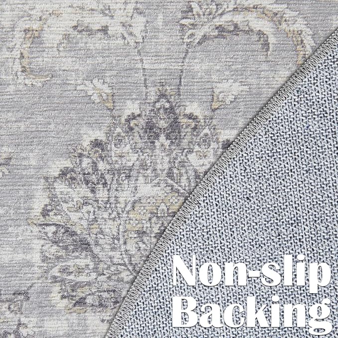 jinchan Fiora Round Rug 4ft Area Rugs Vintage Floral Distressed Design - Machine Washable Non-Slip Low-Pile Ultra-Thin Circle Rug for Entryway Bedside Living Room Dining Room Bedroom (4' Round, Grey)