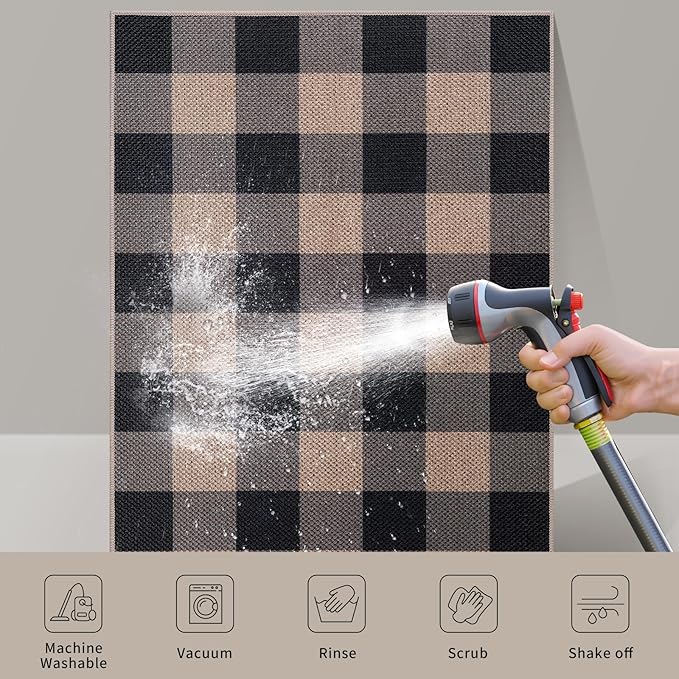 Tangsoo Checkered Easy Jute Rug 5x7 Large Washable Area Rug for Dining Room,Non-Slip Black Grey Indoor Outdoor Rug,Modern Thin Mat Outdoor Carpet for Living Room Bedroom Patio