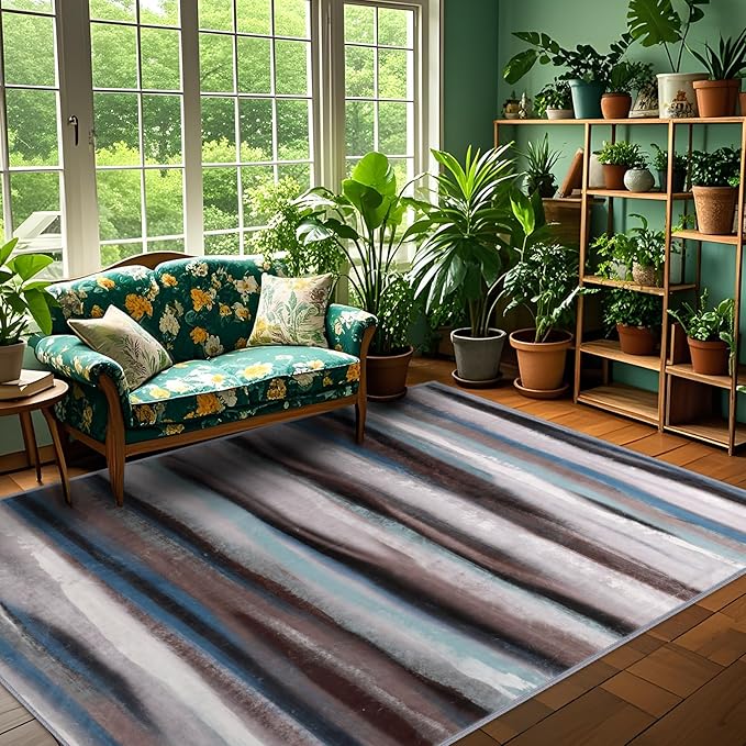 4x6 Abstract Rug for Entryway, Modern Stripe Washable Indoor Entry Way Area Rugs, Soft Non-Slip Door Mat Floor Carpet for Dining Room Kitchen Bedroom - Blue/Brown/Multi