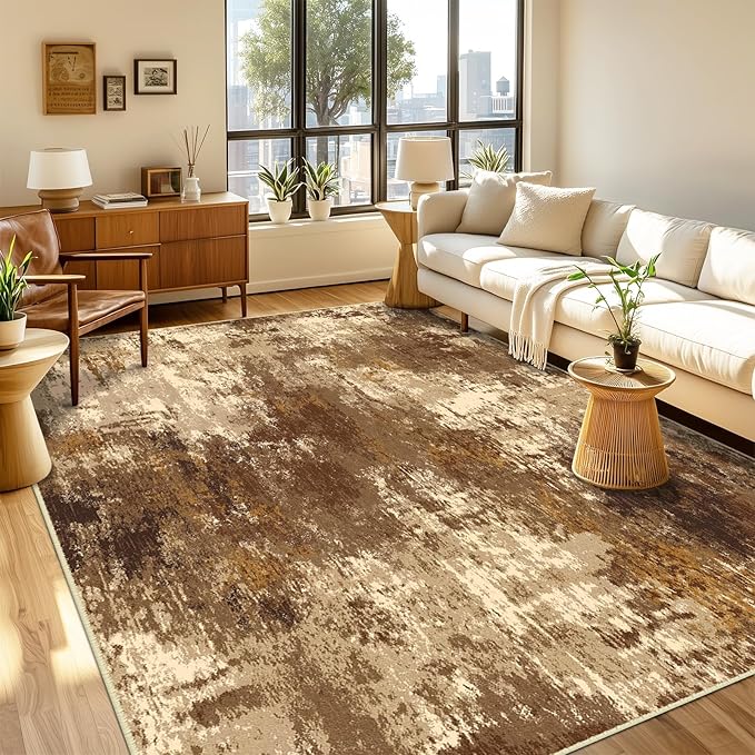 Washable Area Rugs 9'x12' Non-Slip Modern Abstract Soft for Living Room Entryway Bedroom Nursery, Print Pattern, Brown Tan Beige Coffee