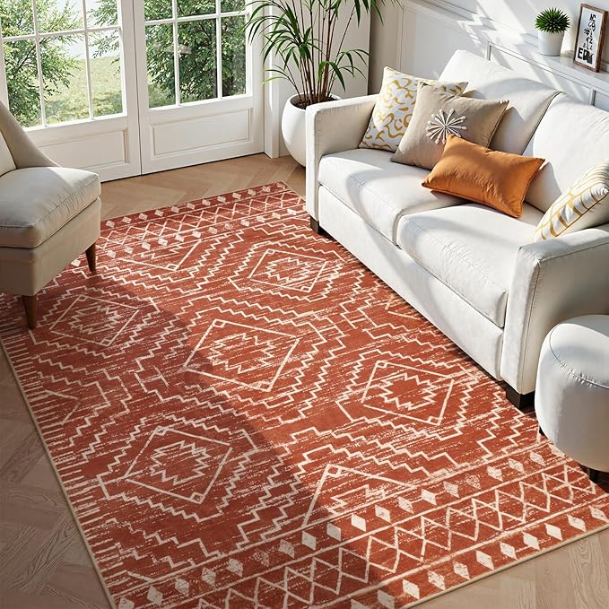 Wonnitar Moroccan 6x9 Area Rugs, Washable Brown Rugs for Living Room, Large Soft Bedroom Throw Rug, Non-Slip Stain Resistant Thin Boho Floor Carpet for Dining Room Home Office Decor (Brown,6'x9')