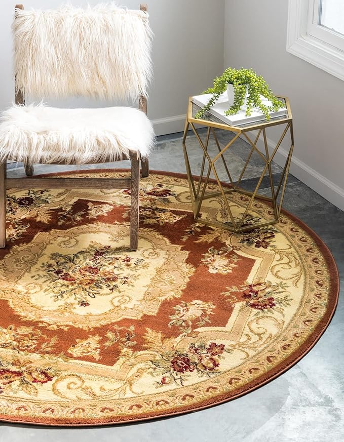 Rugs.com Chateau Collection Rug – 8 Ft Round Brick Red Medium Rug Perfect for Kitchens, Dining Rooms