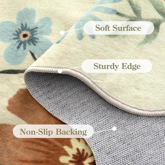 Lahome Floral Washable Round Area Rug, Soft Round Rugs 6ft Ultra-Thin Non-Slip, Boho Large Circle Carpet for Bedroom Living Room Kitchen Nursery, Beige