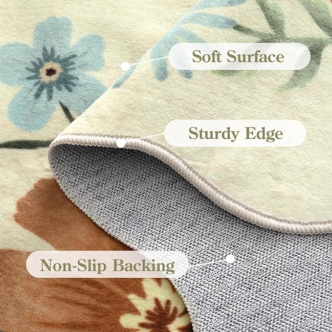 Lahome Floral Entryway Rug, 2x4 Washable Kitchen Rugs Non Slip Ultra-Thin, Front Door Mat Indoor Entrance Stain Resistant Boho Low-Pile Carpet for Entry Bathroom Bedroom(2x4ft,Beige)
