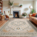 6x9 Grey Beige Area Rug for Living Room, Machine Washable Rugs with Non-Slip Backing for Bedroom, Vintage Medallion Carpet Dining Room Office Kids Room Decor