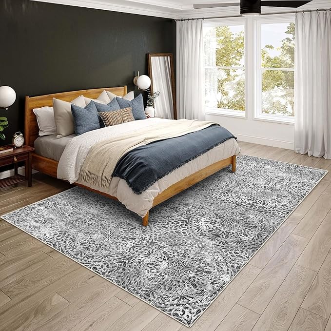 vivorug 3x5 Rug, Small Area Rug for Living Room, Bedroom, Kitchen, Machine Washable Non-Slip Throw Rug, Vintage Medallion Carpet for Entryway Nursery Coffee Table - Durable (Grey)