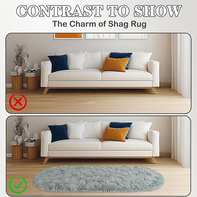Soft Fluffy Area Rug for Bedroom, Grey Fuzzy Shaggy Oval Throw Rugs for Bedside, Non-Slip Cozy Plush Shag Carpet for Kids Room Nursery Dorm Living Room, 2.6 x 5.3 Feet