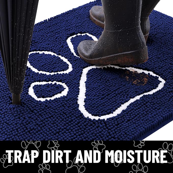 Smiry Dog Door Mat for Muddy Paws, Absorbent Dirt Trapper Non Slip Quick Dry Washable Chenille Mat for Mud Dogs, Entry Rug for Indoor and Outdoor (47x24 Inches, Navy Blue and White)