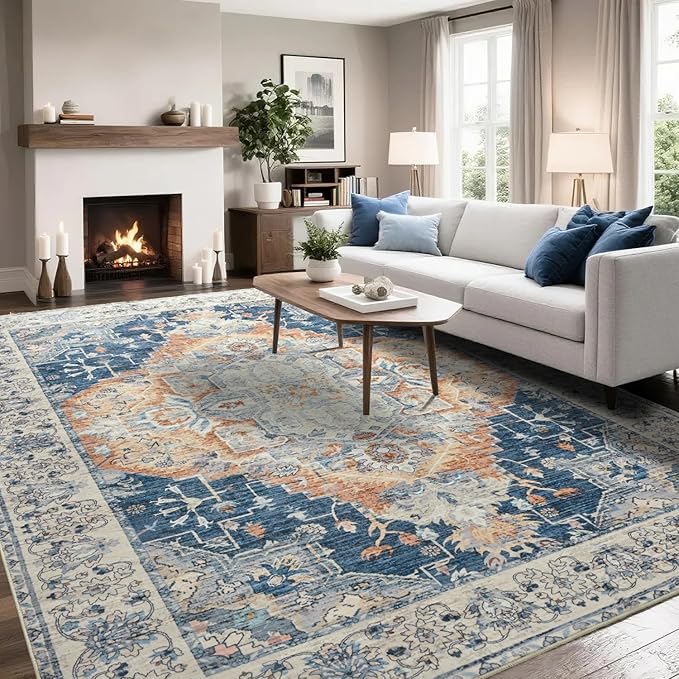 Large Area Rugs 9x12, Low Pile Washable Rugs - Soft Vintage Distressed Rugs for Living Room Bedroom, Office, Dining Room, Water Repellent & Non Shedding, Blue and Orange