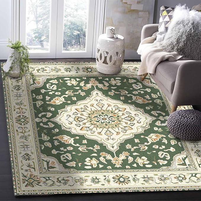 Green Bohemian Rectangular Area Rugs for Living Room Bedroom 3 x 5 ft Vintage Farmhouse Floral Pattern Non-Shedding Soft Low Pile Rug Non Slip Washable Rug for Nursery Entryway Playroom