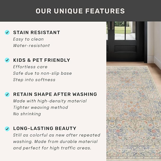3x5 Washable Area Rug for Bedroom Beside Bed Mat, Large Kitchen, Entryway Rug Indoor - Ultra Soft Vintage Floral Beige Blue Decor Non-Slip Low Pile Stain Resistance