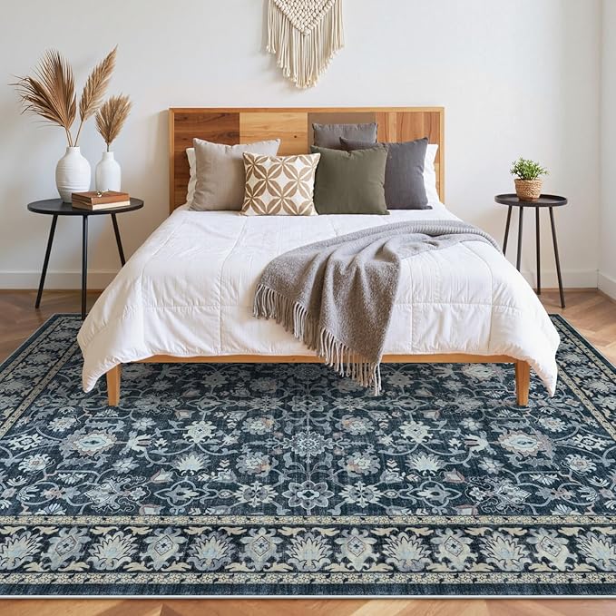 LIVEBOX Washable Area Rug 8x10 - Large Blue Boho Living Room Rug Vintage Rugs for Bedroom, Non-Slip Retro Floral Carpet Print Distressed Accent Rugs for Dining Room Home Office