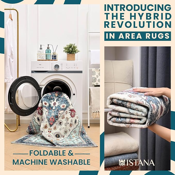 Istana 4x6 Rug - White Cream & Blue Area Rugs 4x6 - Kid & Pet Friendly Machine Washable Rugs - 4 x 6 Area Rug Non Slip & Non Shedding Area Rug - Foldable Rug for Room for Bedroom