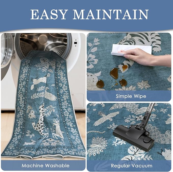 Moynesa Animal Area Rugs 5x7, Washable Luxurious Vintage Boho Blue Area Rug for Bedroom Living Room Dining Room Office Playroom, Farmhouse Low Pile Soft Non-Slip Carpets for Indoor