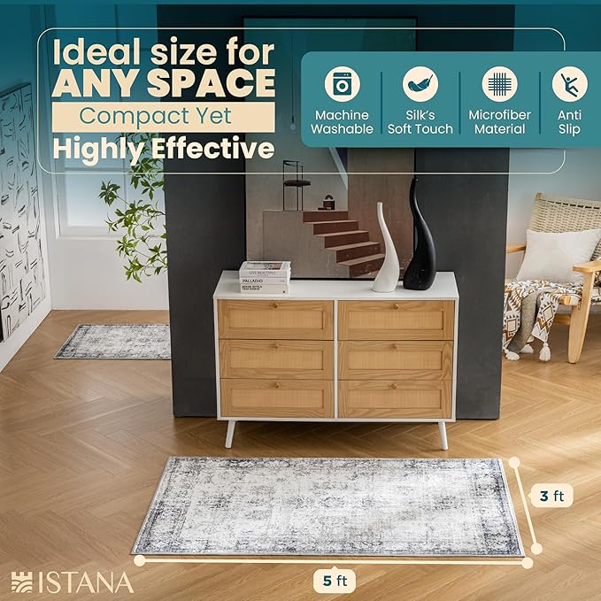 Istana Rugs 3x5 - White Cream/Grey Area Rugs - Kid & Pet Friendly Washable Rugs 3x5-3x5 Area Rugs - Foldable 3 x 5 Area Rug Washable Non Slip - Eco-Friendly Rug with Rubber Backing