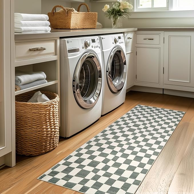 jinchan Runner Rug 2x5 Hallway Washable Modern Checkered Geometric Lattice Kids Bedroom Rug Indoor Floor Cover Non Slip Soft Carpet for Nursery Room Kitchen Laundry Room Home Grey
