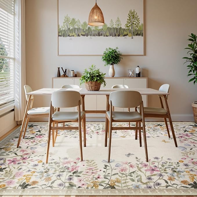 Wonnitar Washable 6x9 Area Rugs, Large Living Room Rug, Non-Slip Soft Floral Rugs for Bedroom, Botanical Area Rug Carpet for Dining Room Guest Room (Beige,6'x9')