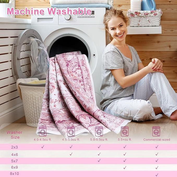 Bright Pink Area Rug for Girls Bedroom, 4x6 Machine Washable Rugs with Non-Slip Backing for Living Room, Cute Vintage Carpet for Kitchen Laundry Kids Room