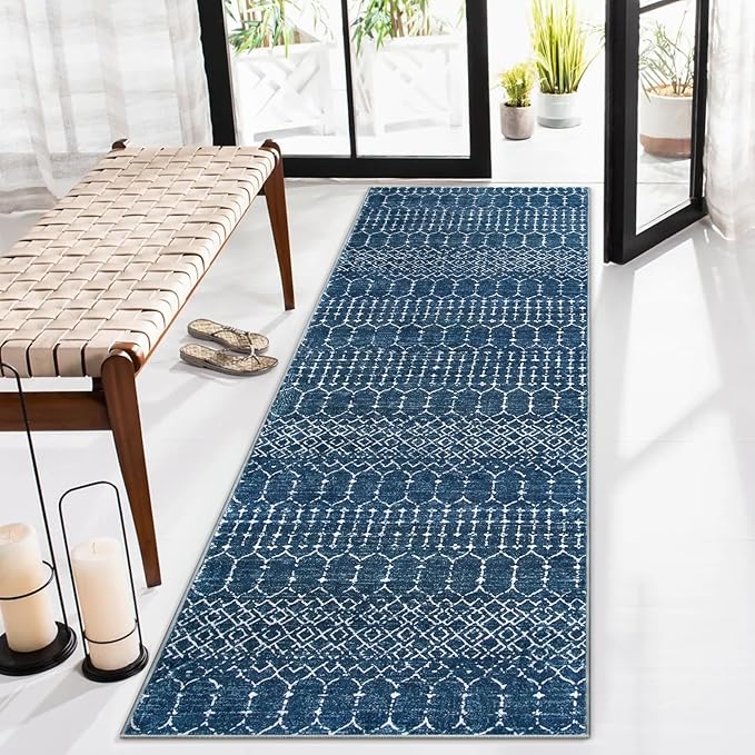 Lahome Moroccan Washable Runner Rug 2x10, Non Slip Hallway Runner Rug 10 Ft Ultra-Thin Kitchen Runners Non Skid, Soft Modern Geometric Print Carpet Runners for Entryway Stair (Blue, 2'x10')