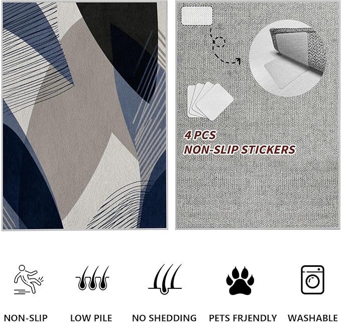 Abstract Art Line Living Room Area Rugs 6x8, Modern Boho Geometric Print Soft Rug, Minimalist Washable Non Slip Neutral Carpet for Bedroom, Dining Room Office Playroom, Navy Blue Gray