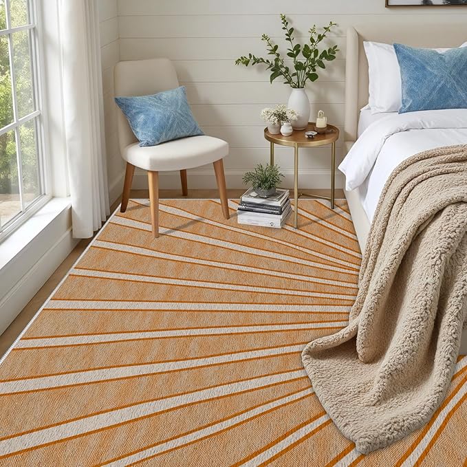 Boho Sun Print Area Rug for Living Room 4x5, Modern Abstract Non-Slip Washable Rugs, Soft Stripe Minimalism Carpet for Bedroom, Nursery, Entryway, Dining Room & Office Decor, Orange White