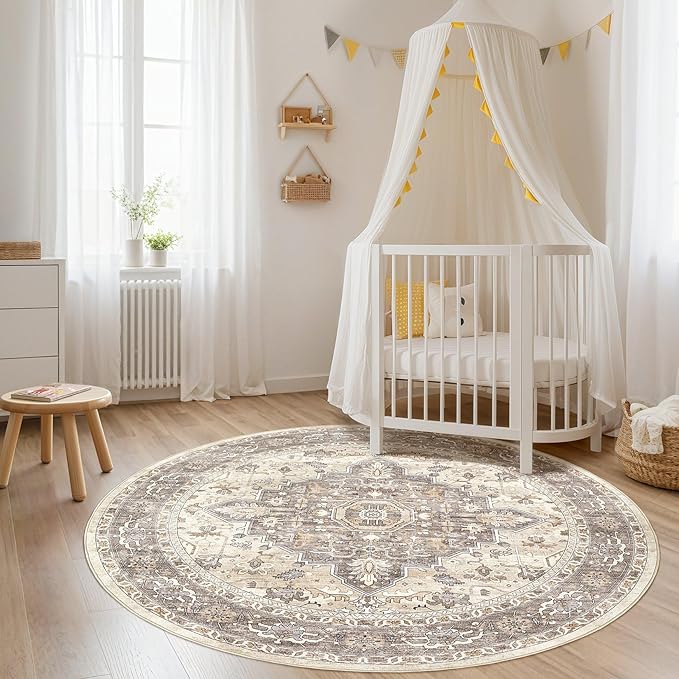 Round Rug Living Room Rugs: 6Ft Washable Boho Neutral Large Circle Soft Indoor Floral Stain Resistant Floor Farmhouse Carpet for Bedroom Nursery Kids Playroom Office Dining Room Dorm Home- Beige Brown