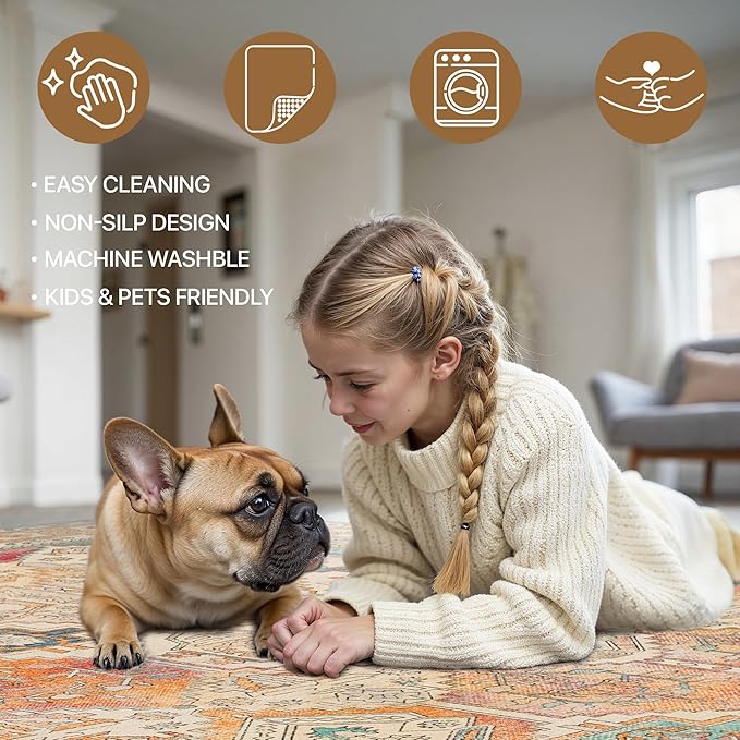 Bavni Washable Rug 5x7 Area Rug for Living Room Bedroom Dining, Washable Vintage Print Carpet, Ultra-Thin Chenille Low Pile Lightweight Rug with Non Slip Backing, Retro Multi