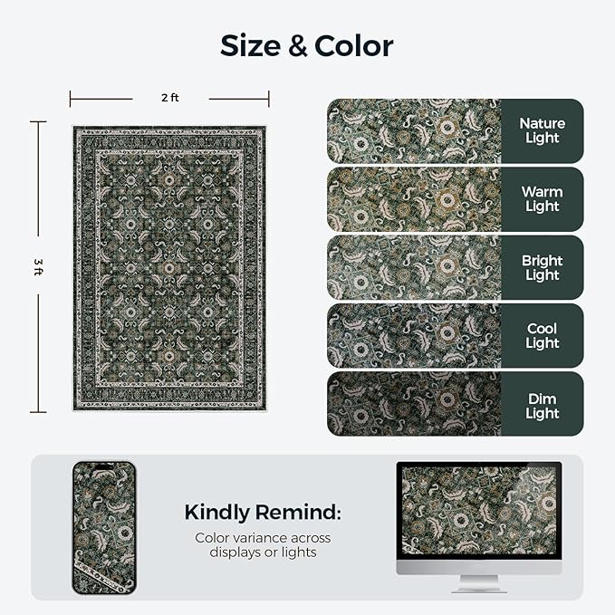 WITSHOCK Washable 2x3 Entryway Area Rug: Soft Non-Slip Backing Washable Rugs Vintage Flower Boho Accent Small Rugs for Bedroom, Kitchen, Bathroom, Nursery Entrance,Dark Green