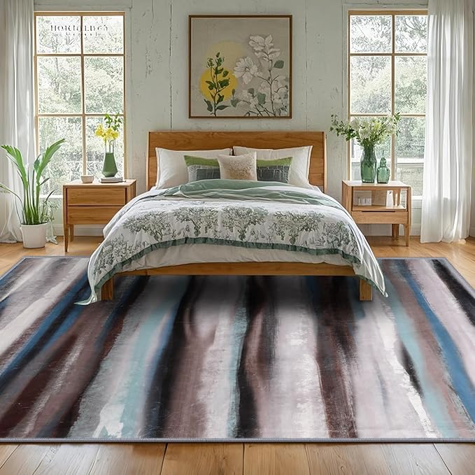 Abstract 6x9 Area Rug, Modern Stripe Pattern Teal Rugs for Living Room, Washable Soft Large Non-Slip Floor Carpet for Dining Room Office Bedroom - Blue/Brown/Multi