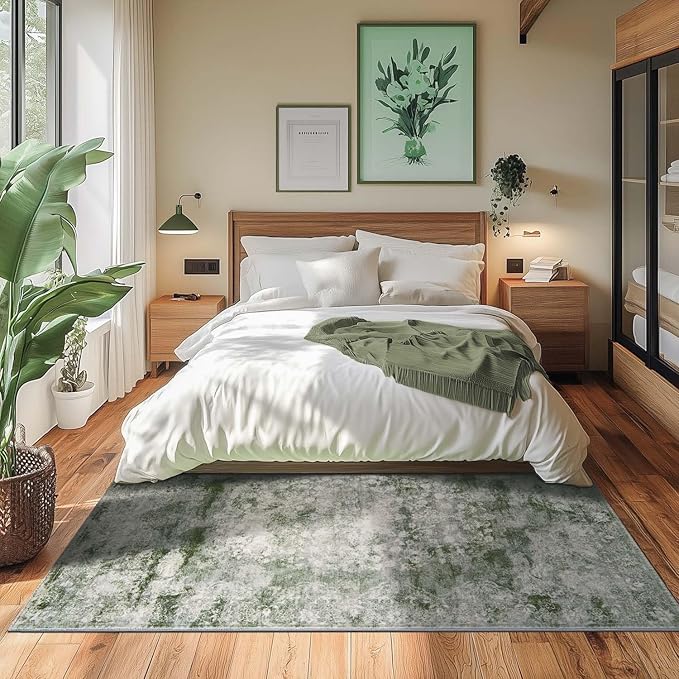 jinchan Green 5x7 Area Rugs - Machine Washable Vintage Floral Distressed Design Soft Low-Pile Non-Slip Carpet for Bedroom Nursery Living Room Dining Room Home Office (5x7ft, Forest Green)