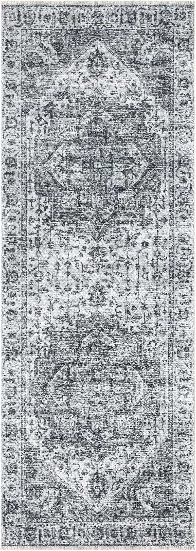 Bloom Rugs Caria Washable Non-Slip 7 ft Runner - Silver/Dark Gray Traditional Runner for Entryway, Hallway, Bathroom, and Kitchen - Exact Size: 2'6" x 7'
