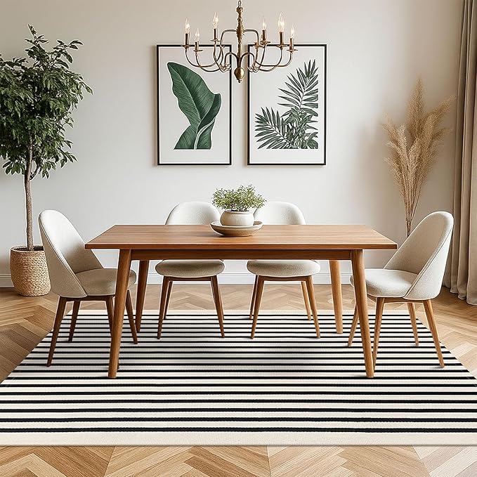 KOZYFLY Black and Beige Striped Rug 5x8 Ft Area Rug Washable Indoor Outdoor Rug Cotton Outdoor Patio Rugs Farmhouse Rugs Living Room Carpet for Patio Dining Room Bedroom