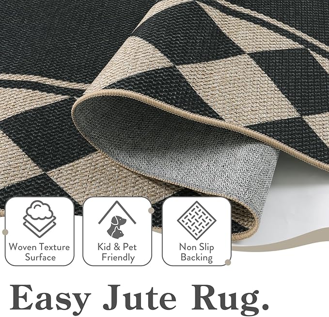 Moynesa Checkered Easy Jute Outdoor Patio Rug 3x5, Washable Indoor Outdoor Rugs for Entryway Non Slip, Farmhouse Carpet for Living Room Bedroom Kitchen Backyard Porches, Black Grid Pattern