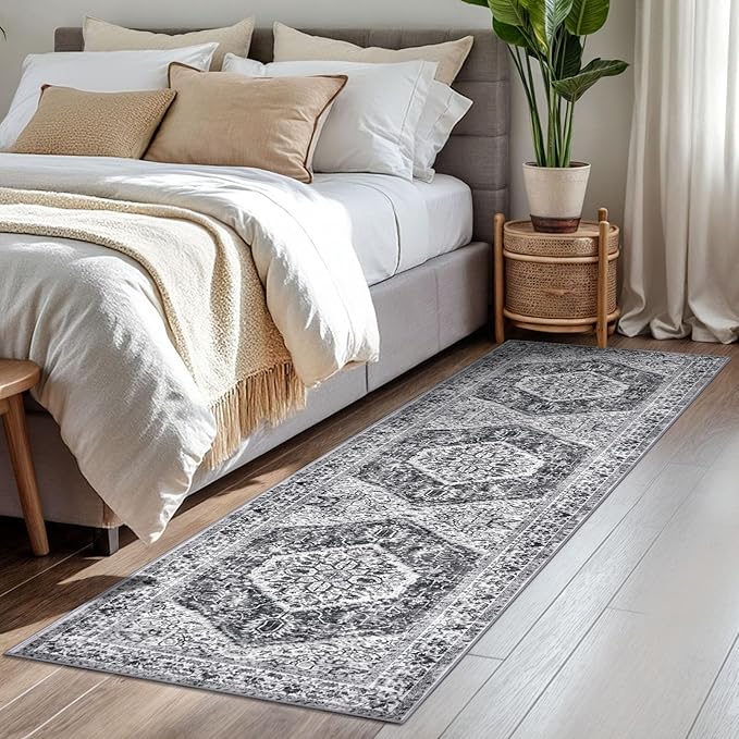 KOZYFLY Runners for Hallways 2x7 Ft Washable Kitchen Runner Rug Boho Runner Rug for Entryway Indoor Printed Faux Wool Floor Carpet Runner for Bedroom Kitchen Hall, Grey