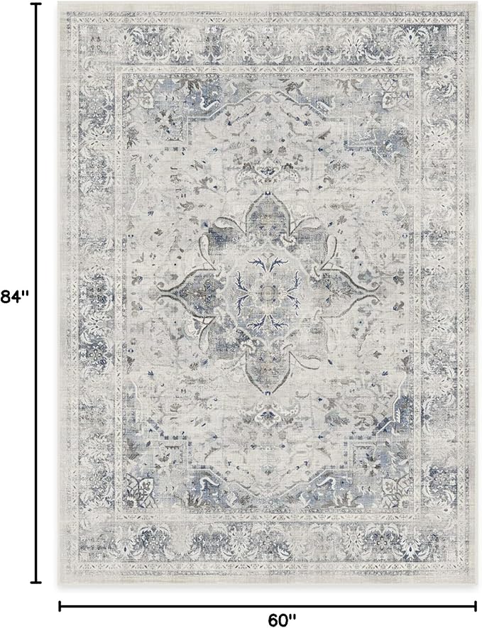 RUGGABLE Washable Vintage Area Rug – Sarrah Blue Quartz 5x7, Stain-Resistant, Non-Slip – Medium Machine Washable Rugs for Living Room, Bedroom, Hallway, Entryway & Office–with Cushioned Pad