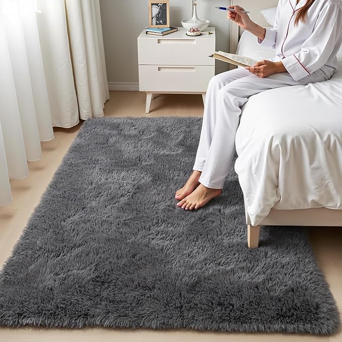 Zentavio Area Rugs for Living Room Grey Rugs for Bedroom 4x6 Carpet Fluffy Furry Soft Shag Aesthetic Plush High Pile Gray Throw Rug for Nursery Kids Room Dorm