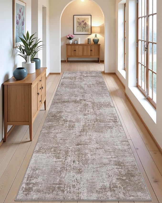 DEXI Hallway Runner Rug 3x10, Modern Abstract Non Slip Thin Soft Runners Carpet, Stain Resistant Washable Indoor Rug for Hallway Entryway Kitchen Laundry Room Living Room, Red Brown