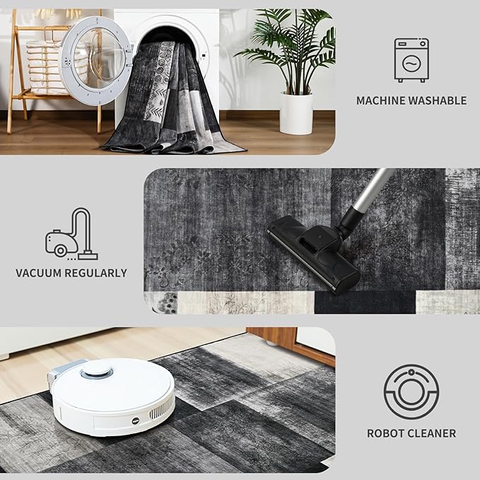 DweIke Washable Area Rugs for Living Room, 4x6 Soft Bedroom Rugs, Geometric Print Non-Slip Modern Rug, Stain Resistant Throw Carpets for Office Nursery Dining Room Home Dorm Decor, Black and White