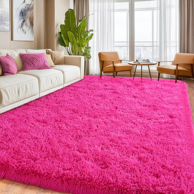 Fluffy Rugs for Living Room, Soft Shaggy for Bedrooms, Hot Pink Area Rug for Bedroom, Cozy Fuzzy Carpet for Kids, Perfect Indoor Decor for Boys and Girls 6x9 Feet