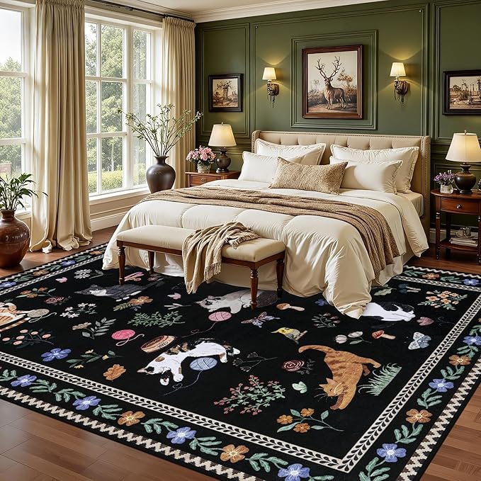 9x12 Area Rugs Living Room Rug: Vintage Washable Rug Floral Soft Carpet Indoor Floor Non-Slip Boho Stain Resistant Large Carpets for Bedroom Kids Nursery Dining Room Farmhouse Home Office Black/C01