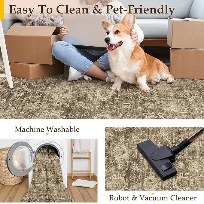 4x5 Washable Area Rug for Entryway Office Brown Vintage Non-Slip Low Pile Distressed Rustic Carpet Lightweight Vacuumable Soft Throw Rug for Living Room Indoor Dining Room