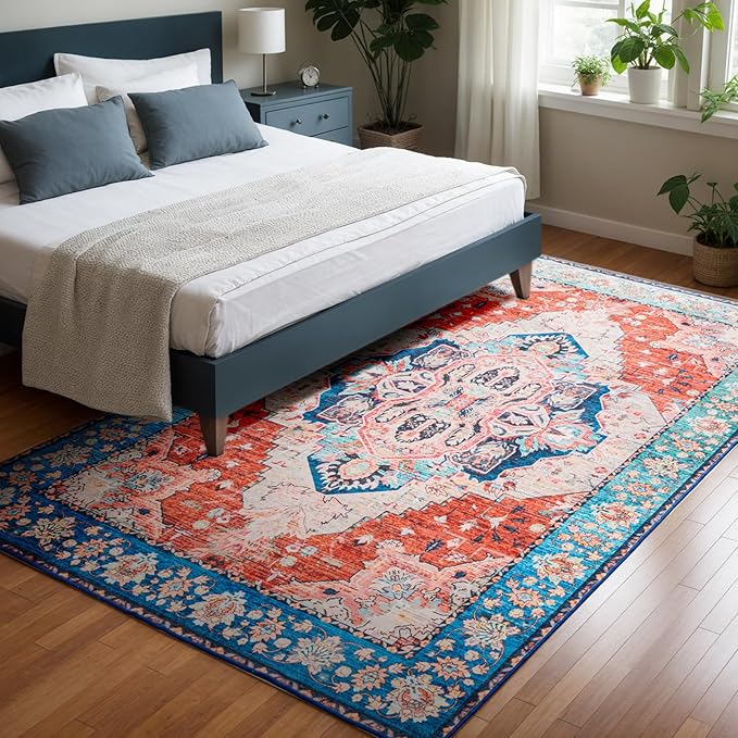 5x7 Washable Rug – Boho Non-Slip Indoor Area Rug for Living Room, Bedroom, Dining Room, Entryway – Red and Blue Vintage Medallion Pattern