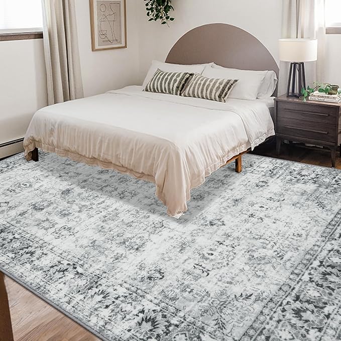 LIVEBOX Washable 9x12 Area Rug for Living Room, Large Grey Neutral Boho Floral, Soft Anti-Skid Thin, Vintage Faux Wool for Office, Bedroom, Dining Room