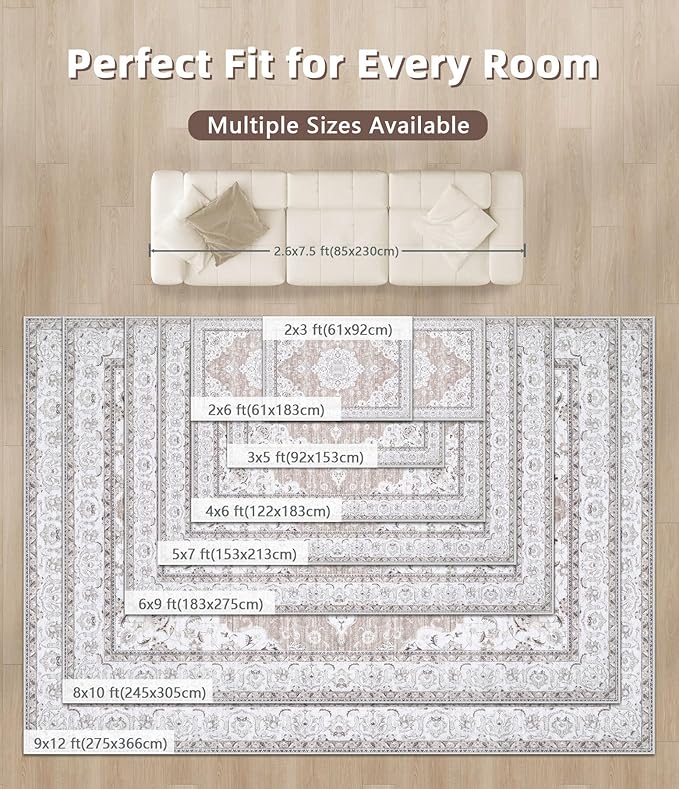 Runner Rug 2x6 Entryway Rug - Machine Washable Vintage Boho Area Rug Non-Slip Kitchen Runner Soft Stain Resistant Runners for Hallways Entryway Laundry Kitchen Bathroom Bedroom(Cream Ivory, 2'x6')