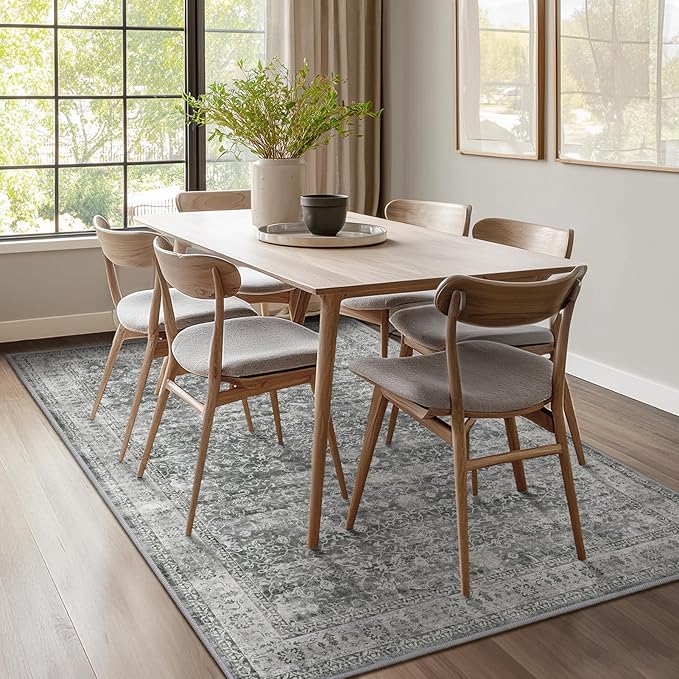 Washable Gray 5x8 Area Rugs, Neutral Vintage Grey and Ivory Carpet for Living Room Bedroom, Low Pile Thin Rug with Non Slip Rubber Backing for Dining Room Home Office