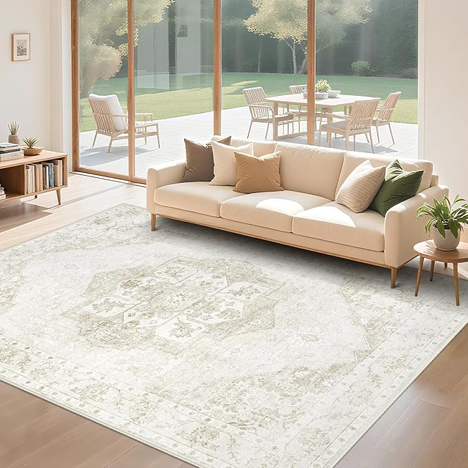 5x7 Area Rugs Washable Rugs for Living Room, Vintage Boho Rug Non-Slip Soft Floral Distressed Rug Low Pile Stain Resistant Carpet for Bedroom Nursery Office Dining Room Farmhouse Dorm(Beige, 5'x7')