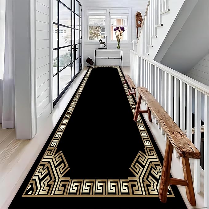 Greek Key Runner Rug for Entryway, 2.6x7ft, Black Gold Geometric Border Area Rugs for Bedroom, Meander Pattern Fade Resistant Home Decor Carpet, Soft Reduce Noise Entry Mat for Kitchen